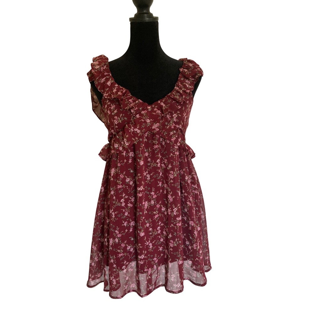 Altar'd State Ciel Burgundy Floral Ruffle Open Back Mini Dress XS Wine Pink